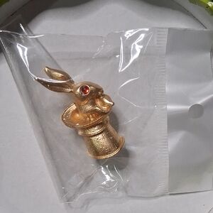 Gold Rabbit Brooch with Red Accent
